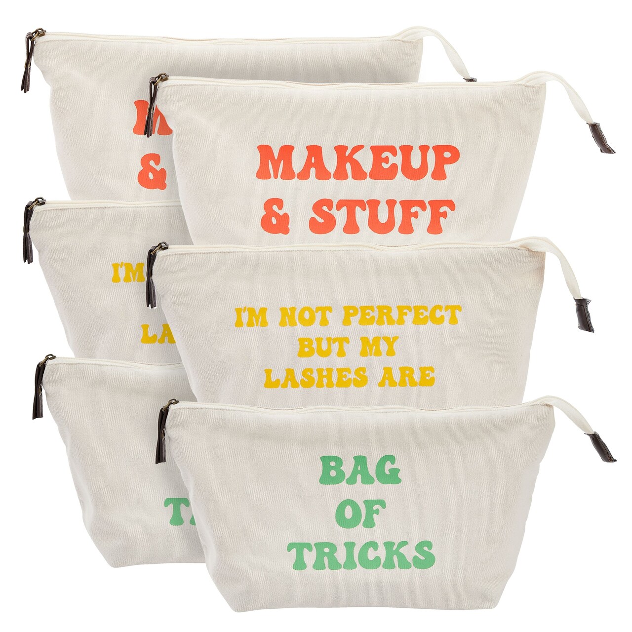 6 Pack Small Canvas Makeup Bags with Zipper for Women, 3 Designs (White, 8 x 4 x 6 In)